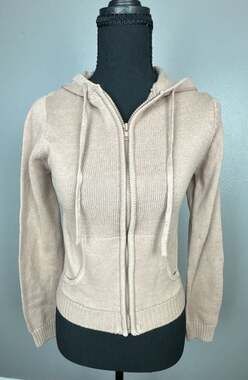 Pink Republic Ribbed Knit Full-Zip Hoodie Sweater in Tan